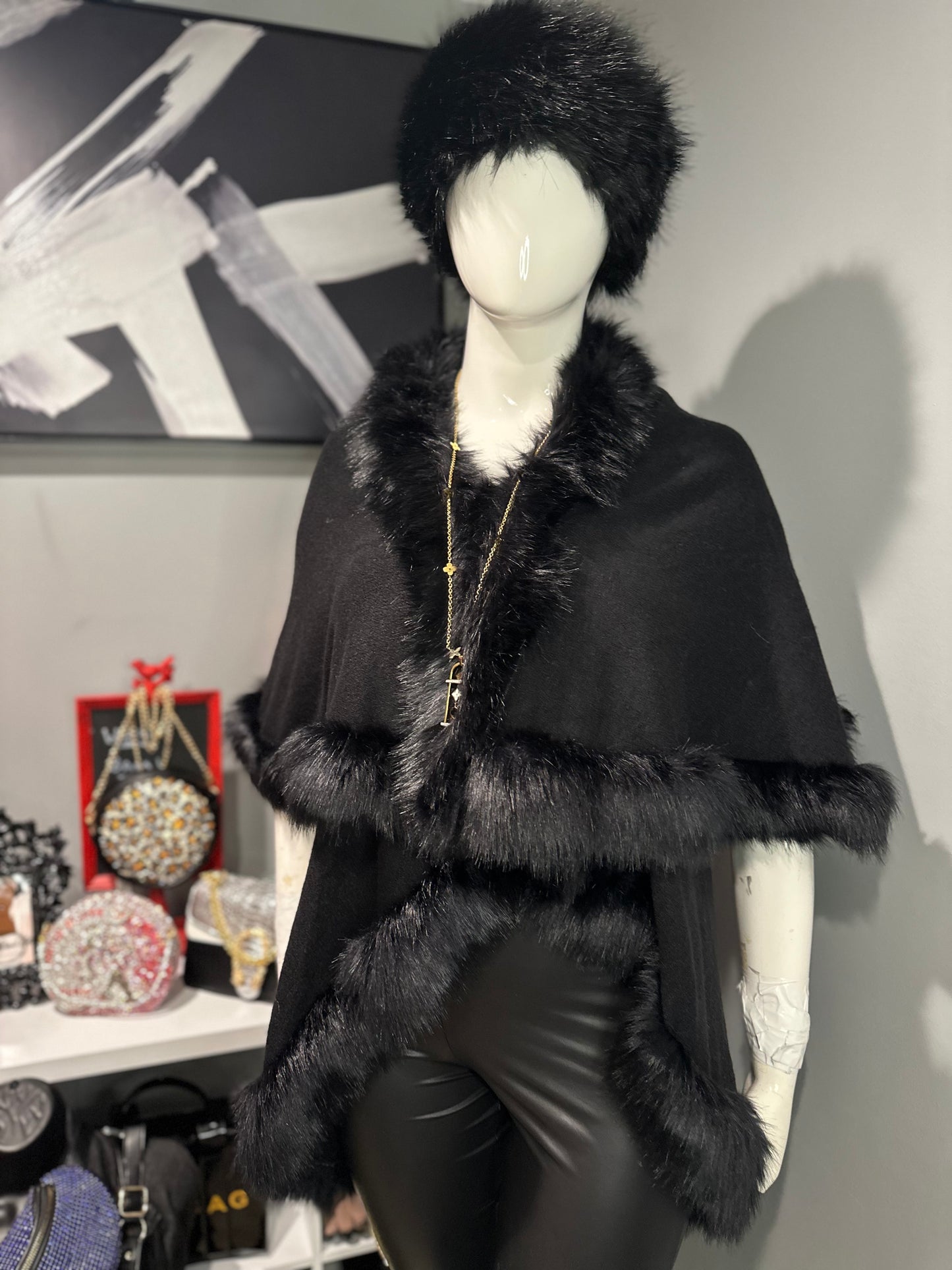 Black Fur Poncho